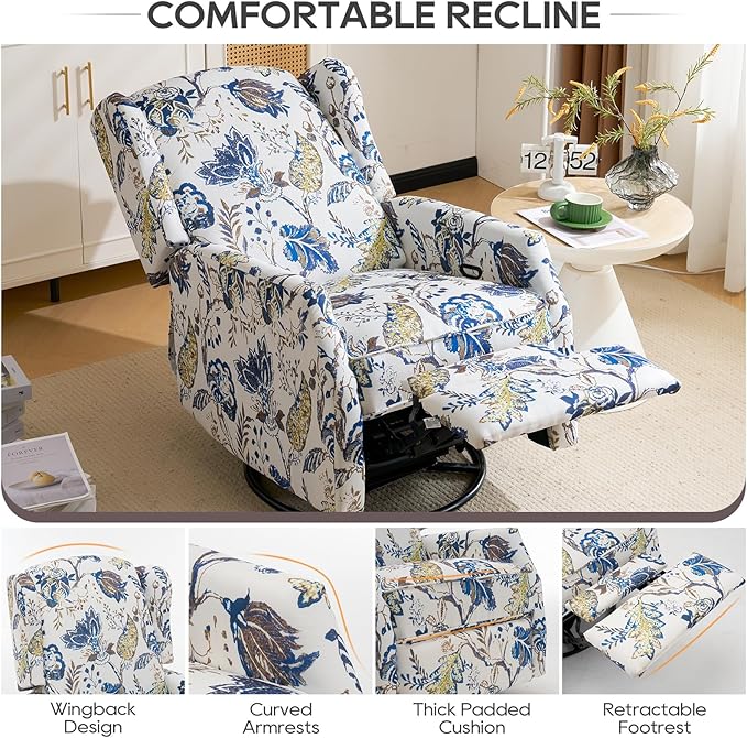 Swivel Rocker ReclinerWingback Recliner ChairFloral Accent Chair Fabric Chair with High BackPadded Seat for Living RoomBedroom Home Office (Blue)
