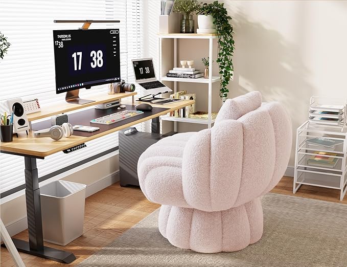 Teddy Fleece Swivel Vanity Chair - Armless Padded Accent Desk Chair for Bedroom Living Room Pink
