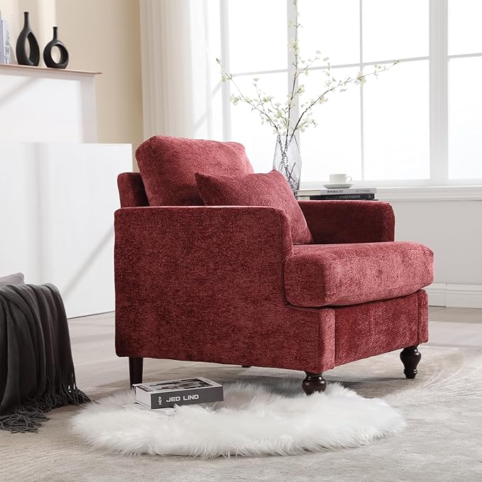 Mid Century Modern Accent ChairsChenille Upholstered Armchair with Rubber Wooden LegsComfy Reading Chairs with Scooped Arms for Living RoomBedroom (Wine Red)