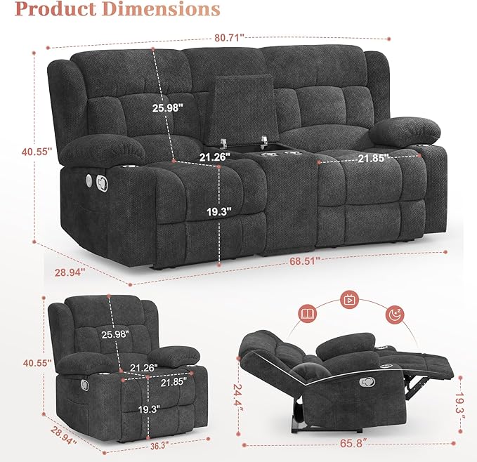 Recliner Sofa Set with 2+1 Pieces Fabric Manual Pull Tab Reclining Loveseat with Storage Console Single Recliner Chair for Living Room RV Grey