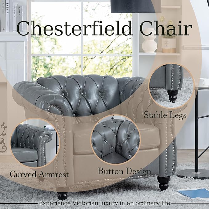 Oversized Chesterfield Chair PU Leather Accent Chair with Tufted Back Club Chair for Living Room Bedroom Gothic Victorian (Grey)