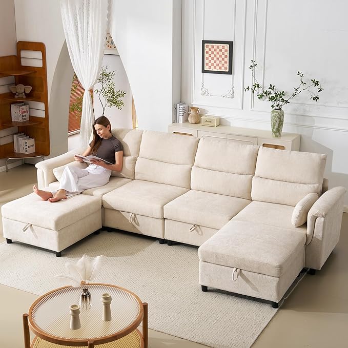132'' Modular Sectional Sofa U Shaped Cloud Couch with Large Storage Deep Seat Sofa with Chaise 6 Seat Convertible Couches for Living Room Beige