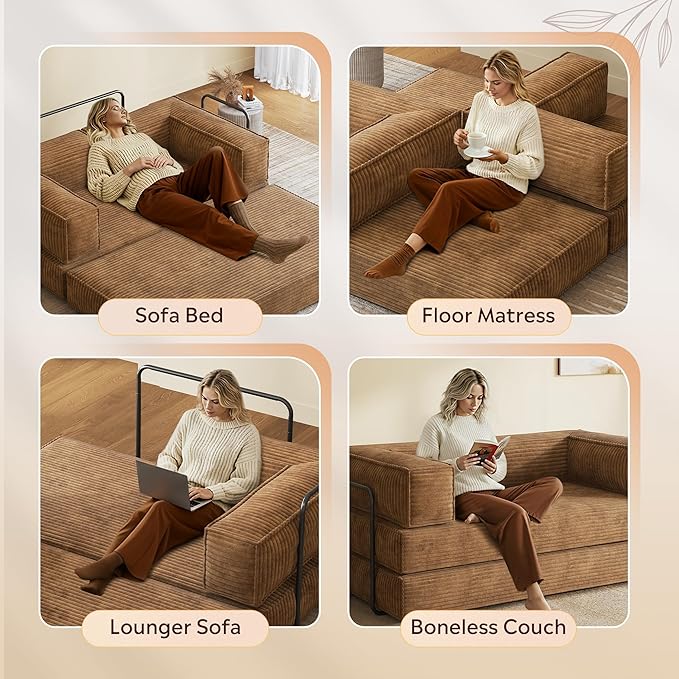 WLIVE 71'' Futon Sofa Bed Convertible Sleeper Sofa Folding Pull Out Couch Boneless Mattress with Fixed Frame Corduroy Brown