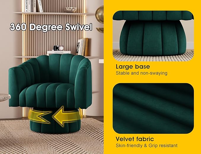 Mid Century 360 Degree Swivel Cuddle Barrel Accent Sofa Chairs Round Armchairs with Wide Upholstered Fluffy Velvet Fabric Chair for Living Room Bedroom Office Waiting Rooms (Green)