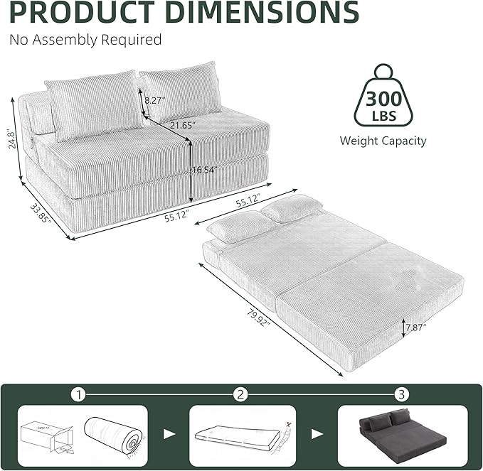 GNIXUU Fold Out Couch 3-in-1 Convertible Futon Sofa Bed with 2 Pillows Corduroy Foldable Floor Chair Boneless Loveseat Couches for Living Room Bedroom Small Spaces Green