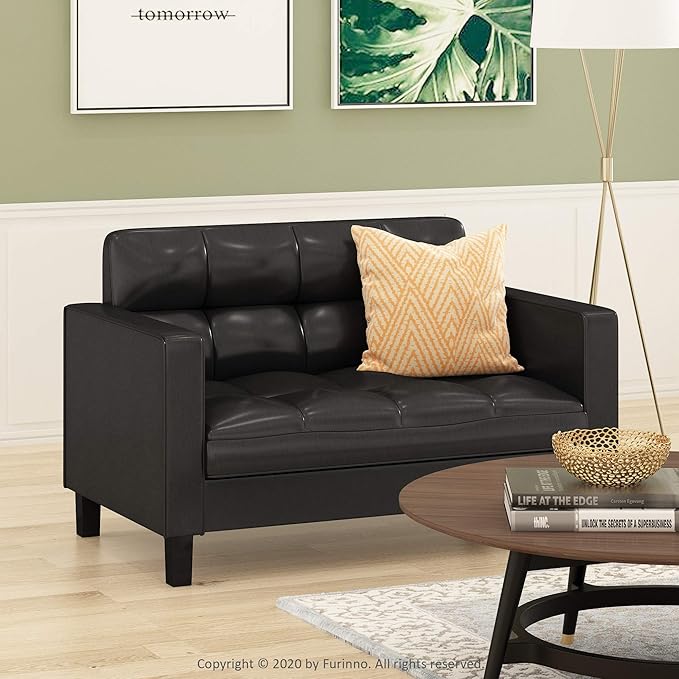 Furinno Brive Contemporary Tufted Faux Leather Loveseat/Sofa Couch for Living Room Black Faux Leather