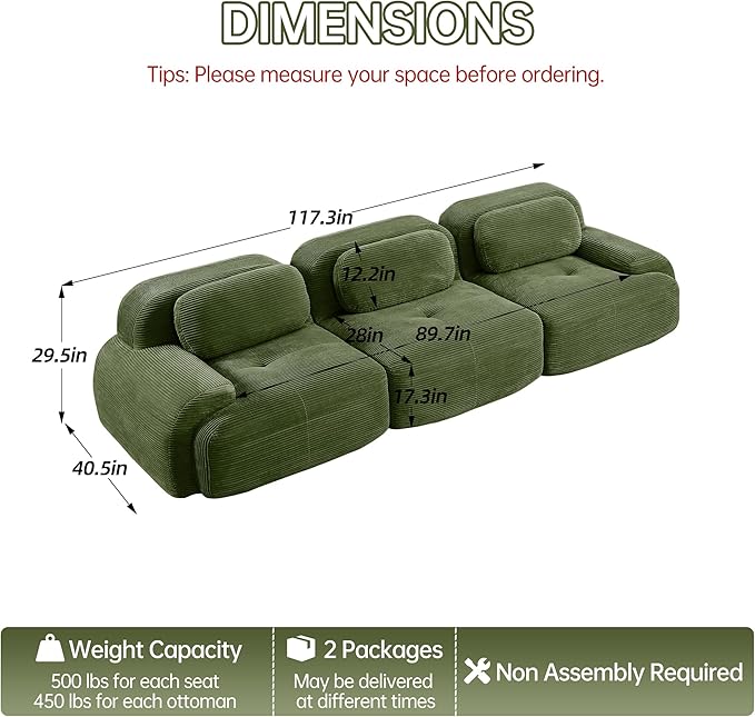 Cloud Sectional Couch Boneless Couch 117.3'' Modular Sectional Sofa Oversized Modular Cloud Sofa Comfy Corduroy Sofas 3 Seater Deep Seat Couches for Living Room No Assembly Couches Green
