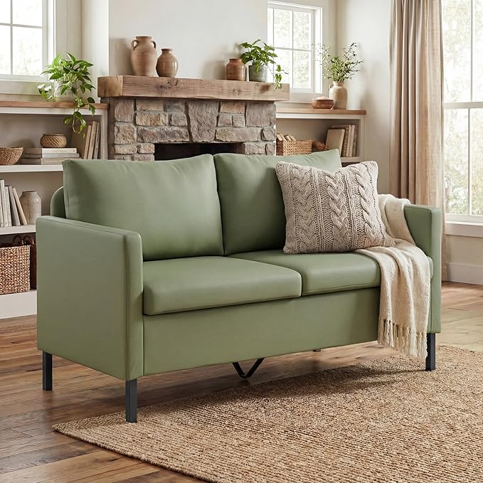 TYBOATLE Faux Leather Modern Small Couches for Small Spaces Comfy Upholstered Love Seat for Bedroom 2 Seater Mini Couch for Apartment Dorm Office Green