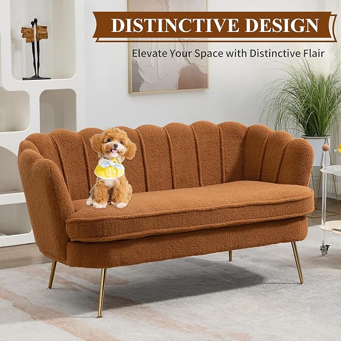 59 Wide Loveseat Sofa Boucle Upholstered Small Couch with Petal-Shaped Design Modern Leisure Sofa with Gold Metal Legs Mini Room Couch for Bedroom (Caramel-Boucle)
