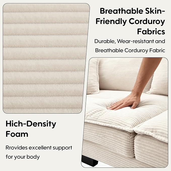 Modern 84 Corduroy Loveseat Sofa Ultra-Comfy Couch with 2 Pillows for Apartment Living Room Bedroom Home Office (Beige)