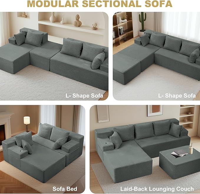 Boneless Couch Cloud Modular Sectional Sofa Modern Convertible L Shaped 3 Seat Corduroy Deep Seat Boneless Couches with 5 Pillows for Living Room Apartment (Dark Gray Left Facing Chaise+Ottoman)