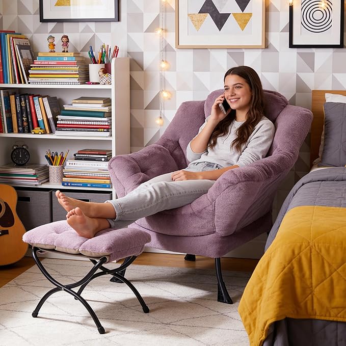 Lazy Chair with Ottoman Modern Accent Lounge Armchair with Side Pocket &amp Foldable Footstool Leisure Reading Chair for Living Room Bedroom Dorm &amp Office Plush Purple