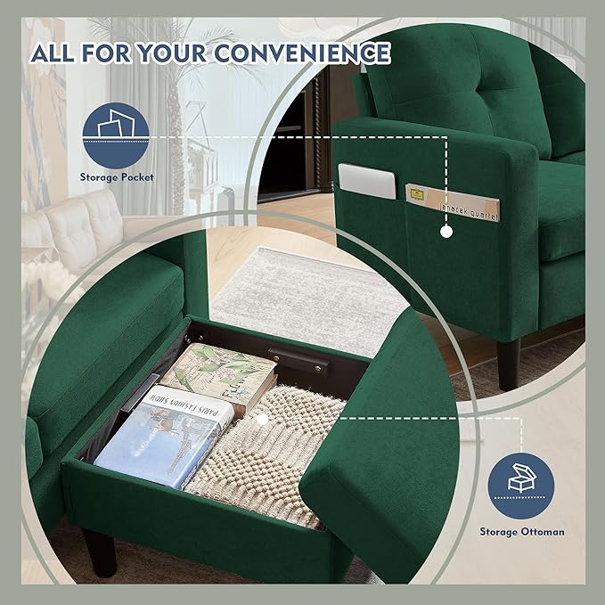 79 Convertible Sectional Sofa Small L Shaped 3 Seat Couch with Storage Chaise and Side Pocket Modern Linen Fabric Reversible Sofa Couches for Living Room Apartment and Small Space
