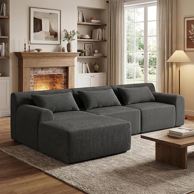 Oversize Boneless Couch for Living Room Comfort L Shaped Cloud Couch Sectional with Deep Seat and Movable OttomanModular Sectional Sofa with 5 PillowsNo Assembly RequiredGrey
