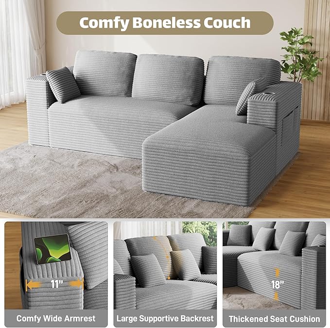 110 Modular Sectional Sofa Cloud Couch Modern Deep Seat Fluffy Corduroy Boneless Couch with Cup Holder Comfy L Shaped Sectional Couches for Living Room Bedroom. (Right Facing Grey)