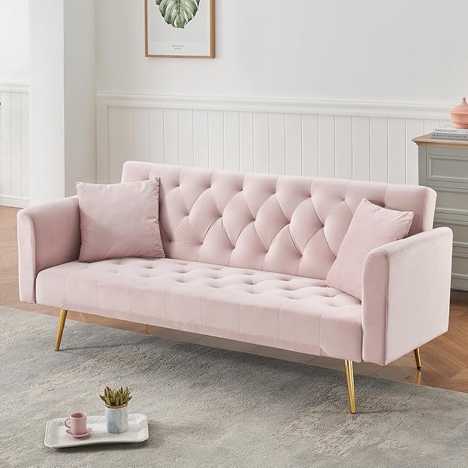 71 Modern Velvet Sofa Bed Futon Convertible Sleeper Couch with Adjustable Backrest Tufted Recliner Loveseat with Golden Chrome Legs &amp 2 Pillows for Small Spaces Living Room Apartment (Pink)