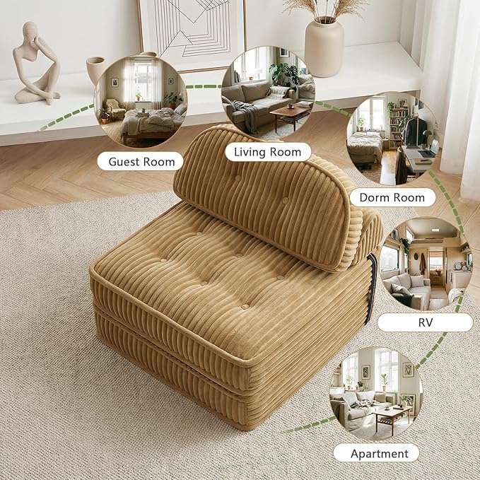 Foldable Sofa Bed in A BoxPortbale Compressed Chair BedCorduroy Convertible Twin Sleeper ChairFull Foam Fold Out Chaise Lounge for Living RoomBedroomApartment (Camel)