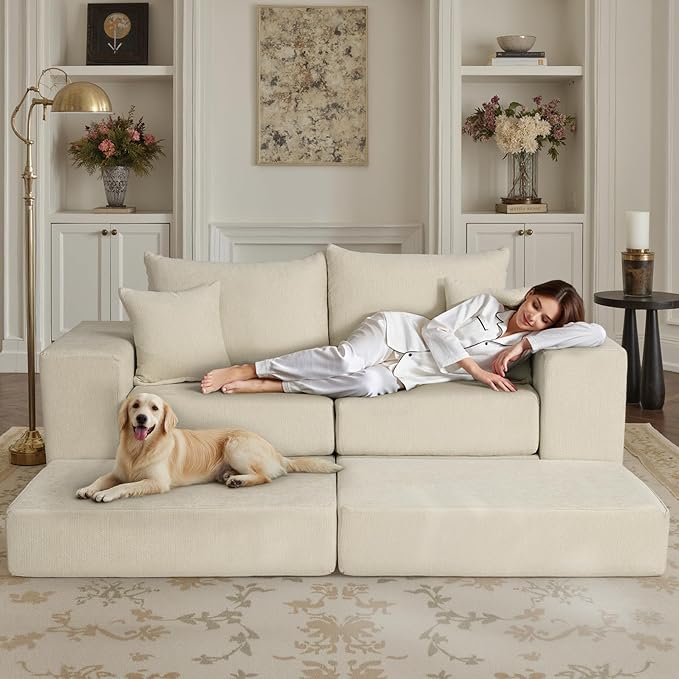 Modular Convertible Loveseat Sleeper Sofa Bed Chenille Upholstered Sectional Boneless Couch for Living Room L Shaped Foam Cloud Couch in Box Customizable Floor Sofa Bed (No Assembly Beige)