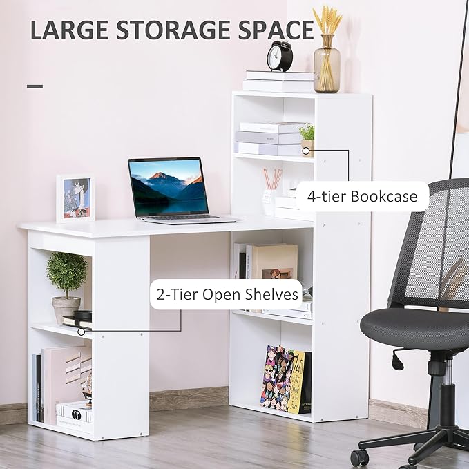 Modern Home Office Desk with 6 Tier Storage Shelves 47 Writing Table with Bookshelf White