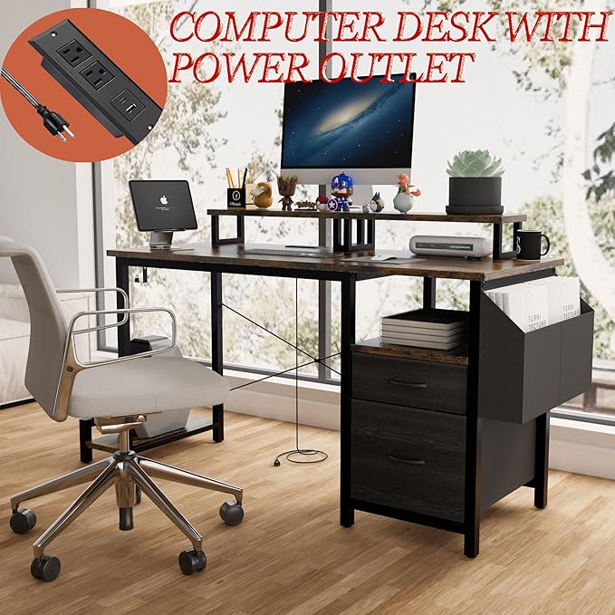 47'' Ergonomic Computer Desk with Dual Monitor Stands 2 Drawers &amp Built-in Power Outlets | Side Pocket | Reversible Cabinet | Adjustable Feet | Workstation for Home Office/Gaming/Study (Rustic Br