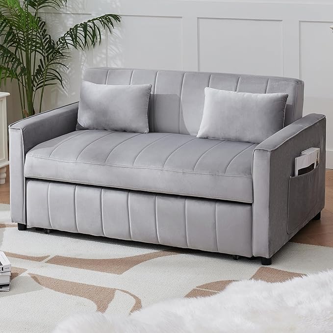 55.51 Convertible Sofa Bed 3-in-1 Sleeper Sofa with Pullout Velvet Couch Bed with Adjustable Backrest and Side Pocket &amp 2 Pillows Modern Futon Couch for Living Room Bedroom（Grey）