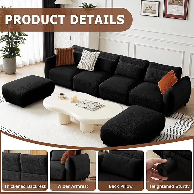 U Shaped Cloud Sectional Convertible L Shaped Couch with Removable OttomansModular Cloud Couch Sectional for Living Room (4 Set + 2 Ottomans - Black)