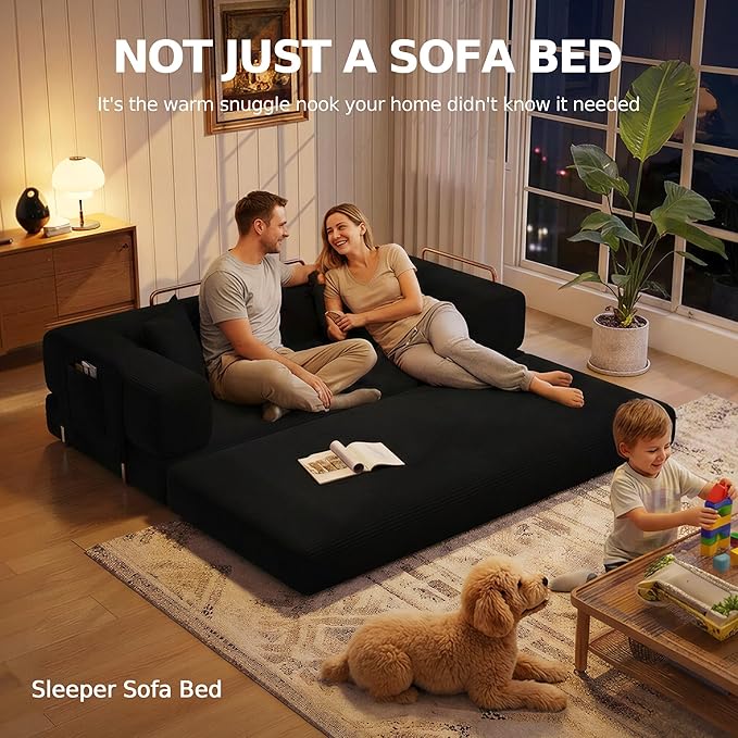 MoonSpeak 78.8''Sleeper Couch Bed for LivingroomConvertible Modular Sofa with Armrest PillowModular Foldable Corduroy Couches in a BoxNo Assembly (Black)