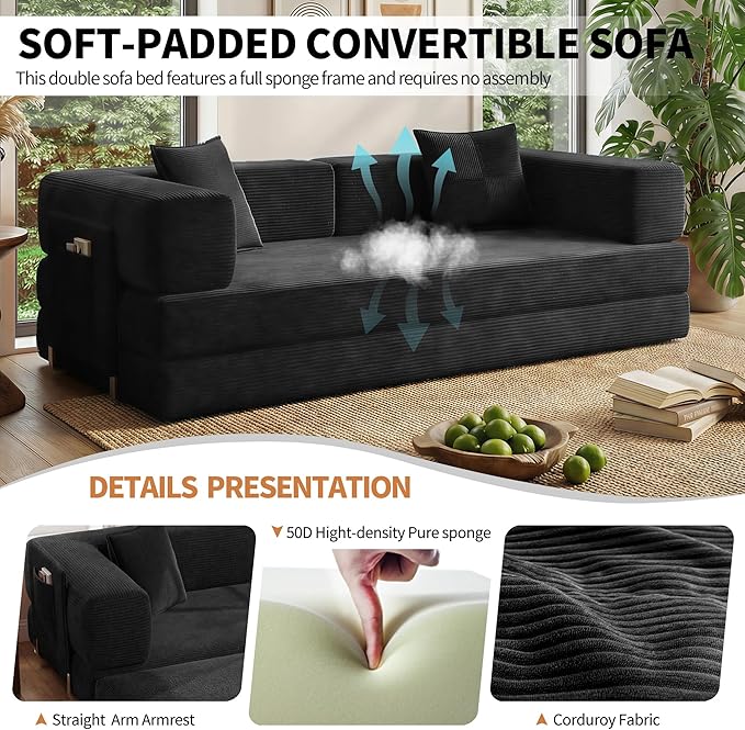 78.8 Convertible Sofa Bed with Armrest Pillow 4-in-1 Sleeper Couch Bed for Livingroom Modular Corduroy Boneless couches No Assembly (Black)