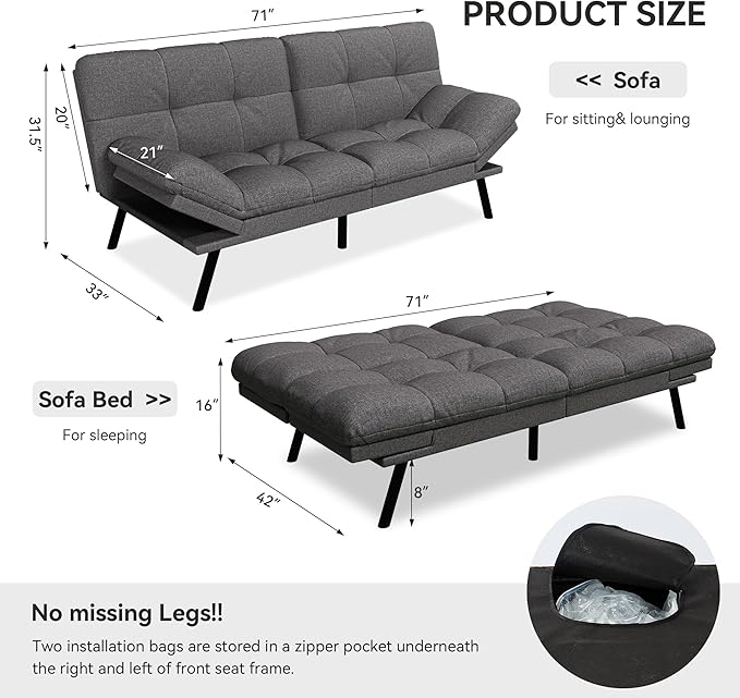 Vipbear 71 Convertible Futon Sofa BedLinen Fabric Futon Couch with Detachable CushionAdjustable Backrest &amp ArmrestModern Loveseat Sleeper Recliner for Living RoomOfficeApartmentGrey