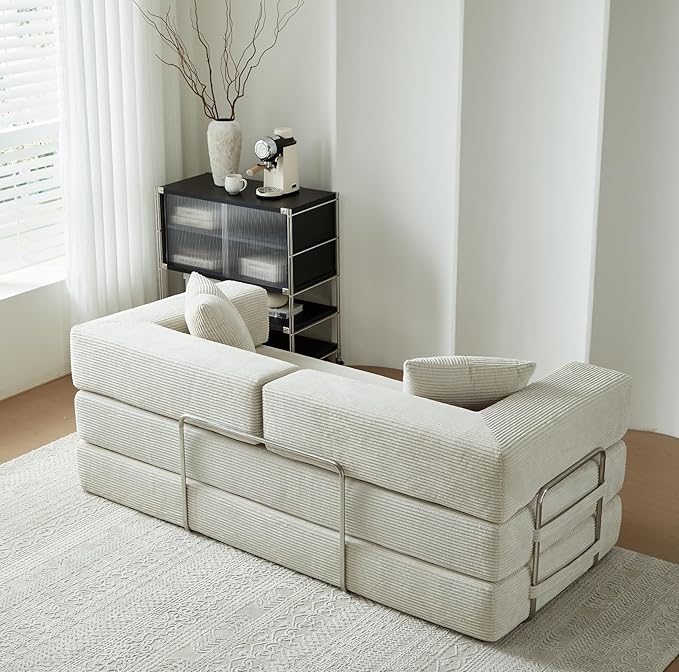 79 Boneless Sofa Bed 5-in-1 No-Assembly Convertible Sleeper Couch with Fixed Frame Armrests Modular Corduroy Futon Compressed in a Box for Space Saving (Beige Includes 2 Pillows)