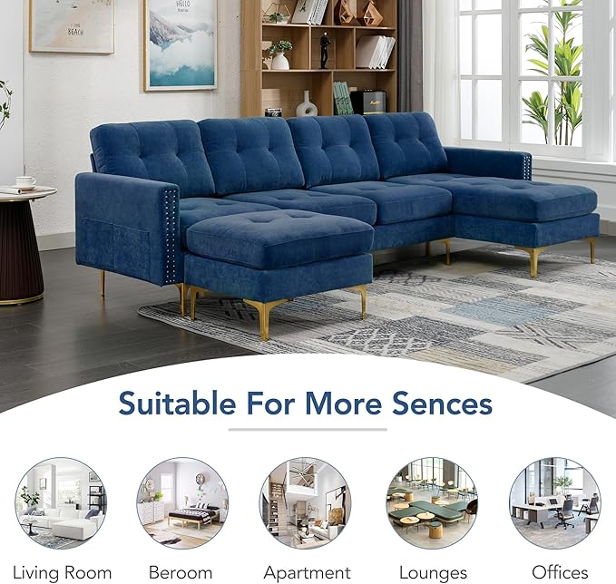 Merax Velvet L-Shape Sofa 4 Seat with Chaise and Movable Ottoman 110.6 Sofa Couch for Living Room Apartment Office (Blue)