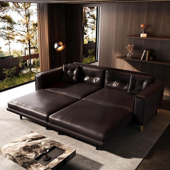 92.1 Chesterfield 3 Seater Pull Out Sofa Bed King Size with 2 Pillows and Golden Legs PU Leather 3-in-1 Convertible Sleeper Cloud Couch with Tufted Backrest Dark Brown