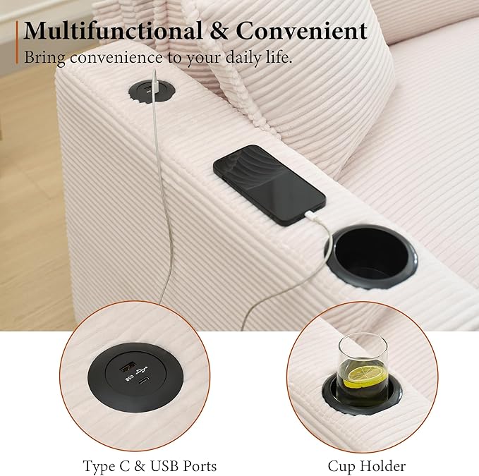 82.7 L Shaped Sectional Sofa with Cup Holders &amp USB Ports Modern Loveseat Cloud Couch with Ottoman for Living Room Apartment Small Spaces Beige Corduroy