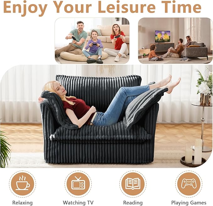 Modern Single Sofa Chair 49 Slipcovered Armchair Oversized Upholstered Accent Chair Comfy Cloud Deep Seat Sofa Chair with 2 Throw Pillows for Living Room Bedroom Apartment Corduroy Grey