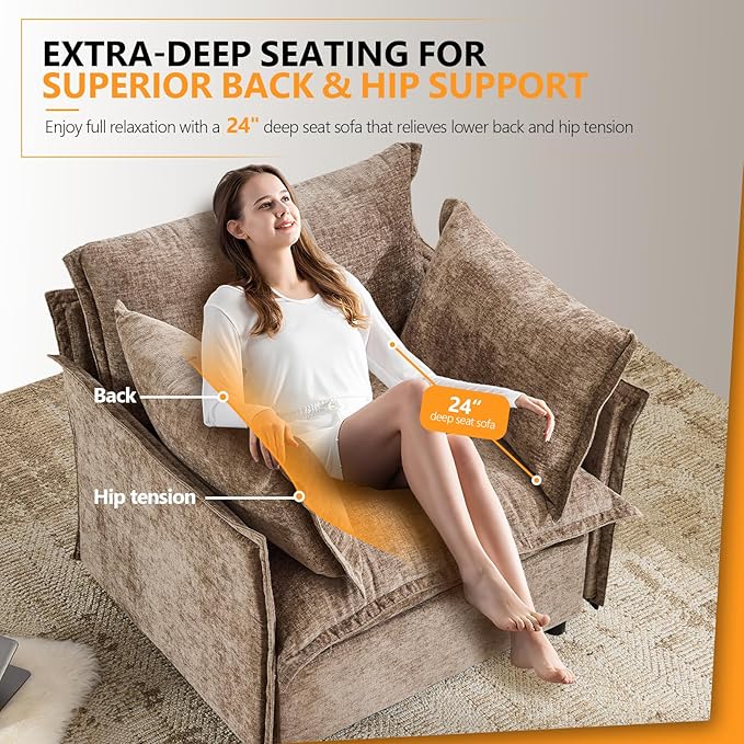 VINGLI Accent Chairs Set of 2 Light Brown 34 Width Oversized Reading Chair Upholstered Armchair Soft Chenille Fabric Living Room Chairs Sofa for Adults Bedroom Home Office Play Room