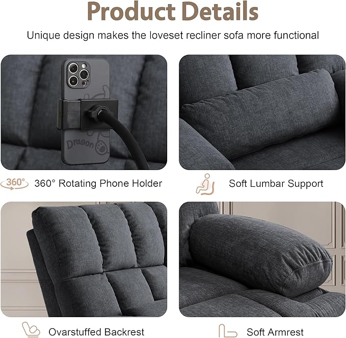 Rocker Recliner-Loveseat Recliner SofaCat-Proof Reclining Loveseat with Phone Holder RV Douber Recliner Sofa for Home TheaterLiving Room (Gray-2 Seater) | Rocker Recliner Phone Holder