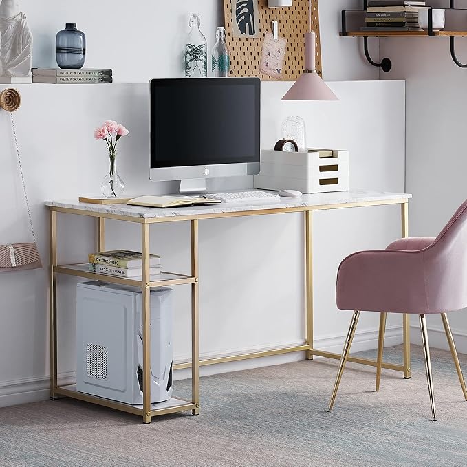 ivinta Computer Desk Home Office Desk with Storage Shelves for Living Room Bedroom Office Whale-ML55 (White and Gold 55)