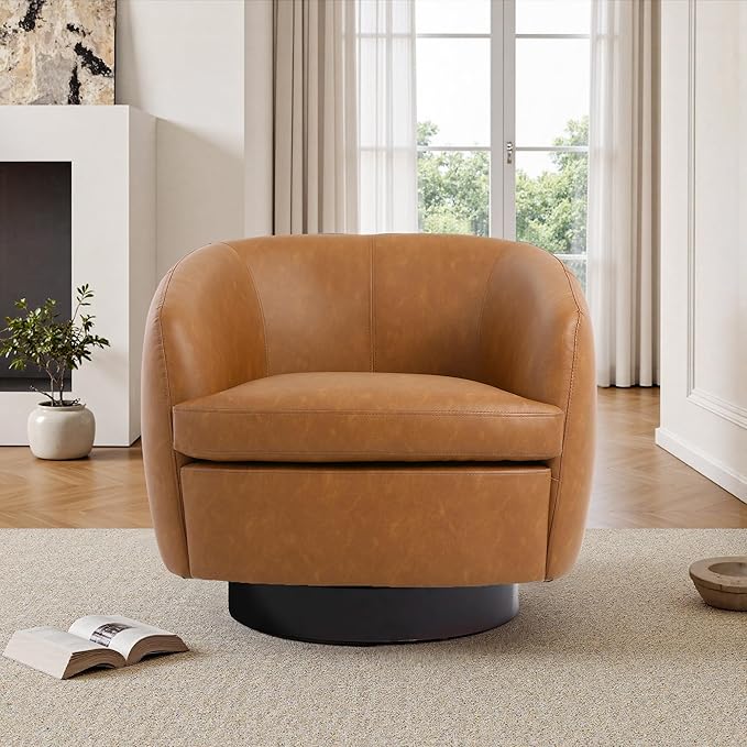 Faux Leather Swivel Barrel Chair Modern Round Swivel Accent Chair with 360° Rotation Upholstered Armchair Club Chair for Living Room Bedroom Office (Light Brown)