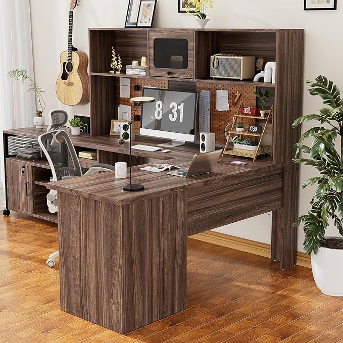 Unikito L Shaped Desk with Drawers 60 Inch Office Desk with Power Outlet and LED Lights Sturdy Corner Computer Desk with Hutch and File Cabinets 2 Person Home Office Gaming Table Rustic Oak