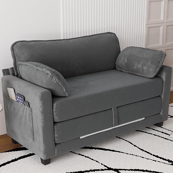 KEIKI Convertible Sofa Bed 2 in 1 Corduroy Loveseat Folding Couch Bed with Storage Chaise Lounge Chair &amp Floor Futon Sleeper Love Seating for Small Apartment Guest Living Room Easy Assembly Gr