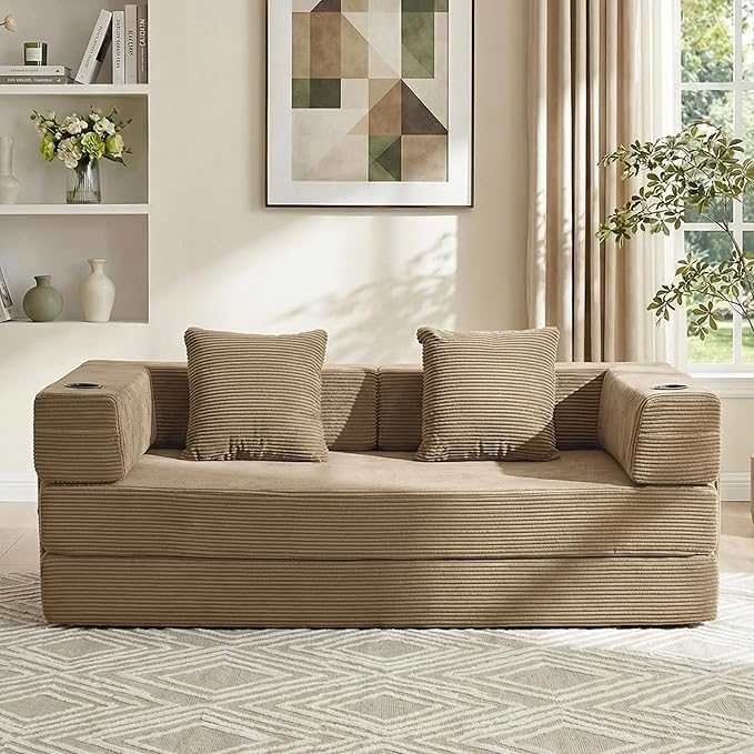 WELAX 72.8 Convertible Sleeper Sofa Bed Boneless Cloud Queen Futon Couches with Cupholders &amp Storage Pockets Corduroy Folding Floor Couch for Bedroom Apartment No Assembly Khaki