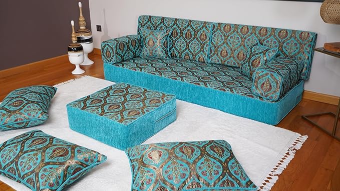 arabicsofa Turquoise Arabic Floor Cushion – Jalsa Sofa Set with Pillows Traditional Oriental Floor Seating Sofa Ottoman Couch