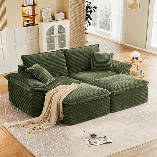 81 Boneless Loveseat with Removable OttomanOversized Upholstered Sofa Bed with PillowsPlush Faux Fur Lounge Reading Chairs with ArmrestsCloud Couches for Living RoomNo Assembly (Green) | No Assem