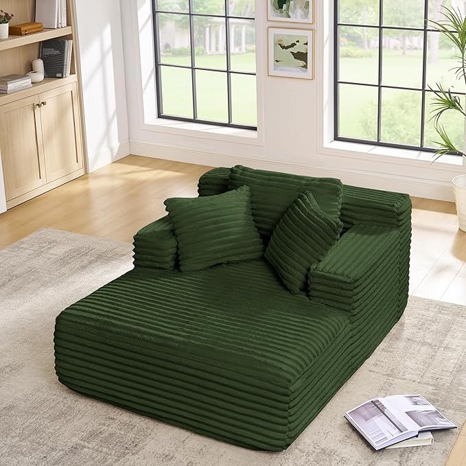 KEIKI 51 Oversized Corduroy Compressed Chaise Lounge with High-density Sponge Upholstered Modern Style 1-Seater Fluffy Cloud Couch Bed No Assembly Needed for Apartment Living Room Bedroom Green