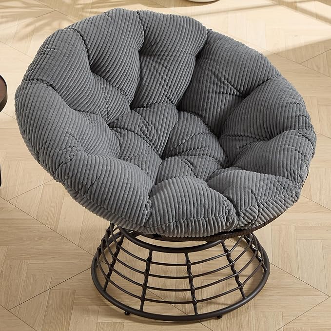 36” Papasan Chair with Cushion and Frame Oversized Papasan Chairs 360° Swivel Olefin Adjustable Feet Suitable for Living Room Patio Bedroom Indoor/Outdoor (Grey+Corduroy)