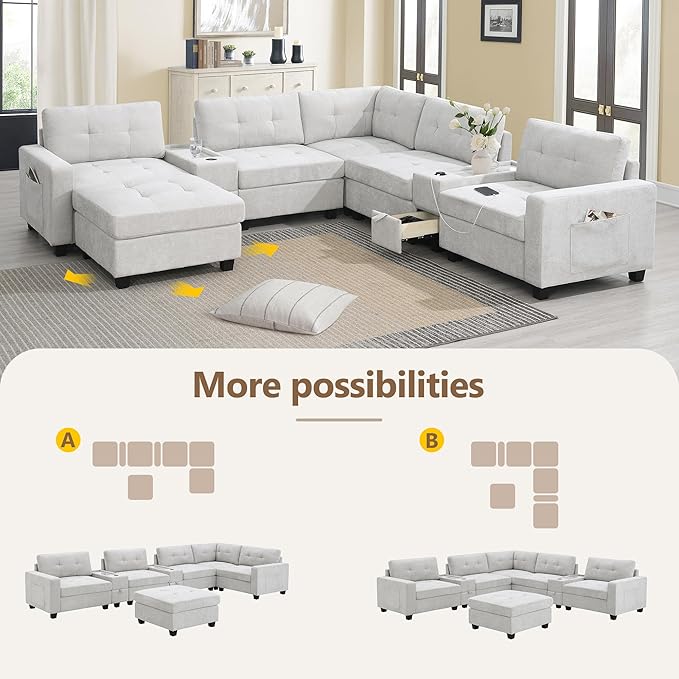 104'' Sectional Sofa with 2 Acrylic Consoles Oversized U Shaped Couch Set with USB ChargerStorage DrawersPocketsMovable OttomanChenille Modular Sectional Sofa for Living RoomApartment(Beige)