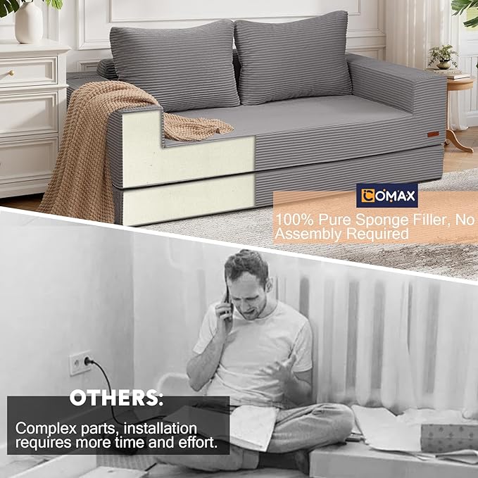 COMAX Convertible Sofa Bed Queen Corduroy Folding Floor Couch Pull Out Couch Bed Futon Sleeper with Pillows Fold Out Boneless Sofa Comfy Lounge Mattress Loveseat for Living Room Bedroom Light Grey