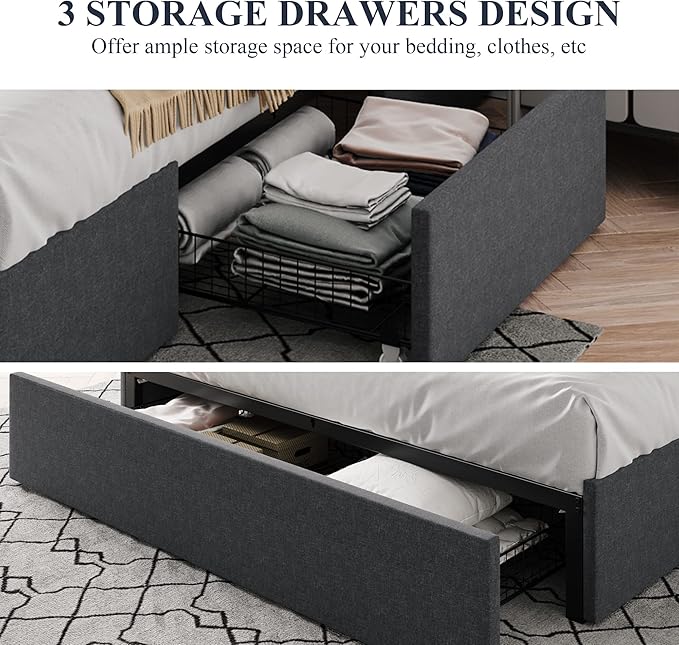 Allewie Full Size Platform Bed Frame with 3 Storage Drawers Fabric Upholstered Wooden Slats Support No Box Spring Needed Noise Free Easy Assembly Dark Grey