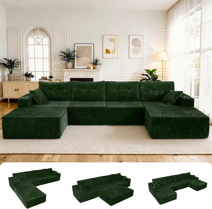 143 Modular Sectional Sofa for Living Room Convertible U-Shape Couch with Ottoman 6 Seater Modular Sectional SofaGreen Corduroy