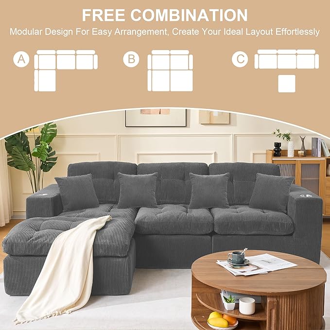 105 L Shaped Modular Sectional Sofa with OttomanCloud Boneless Couches for Living RoomCorduroy Comfy Couch with Chaise and Cup HolderUpholstered Sofa in A Box No AssemblyDark Grey